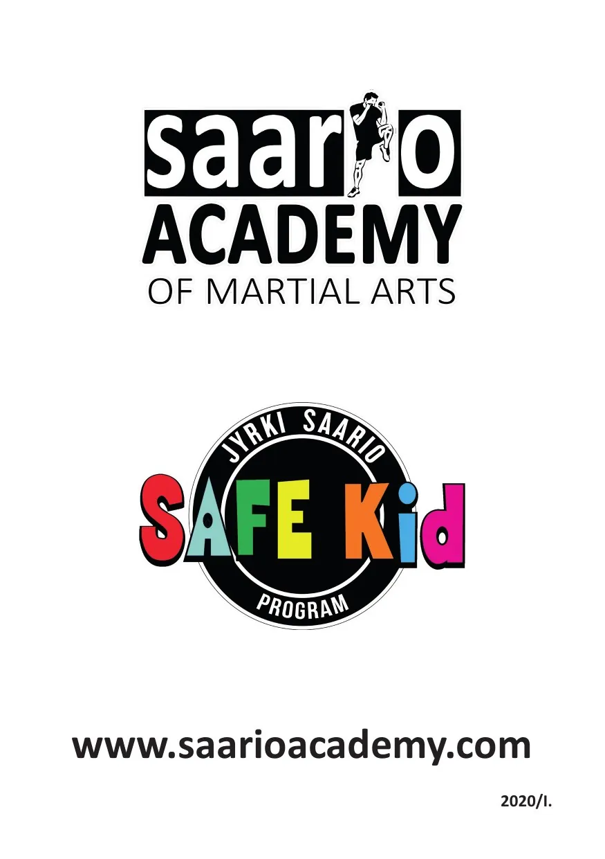 Tylna okładka przewodnika dla instruktorów Safe Kid — znak Saario Academy of Martial Arts i logo programu Safe Kid Jyrkiego Saario