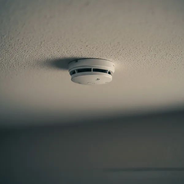 A smoke detector on a ceiling