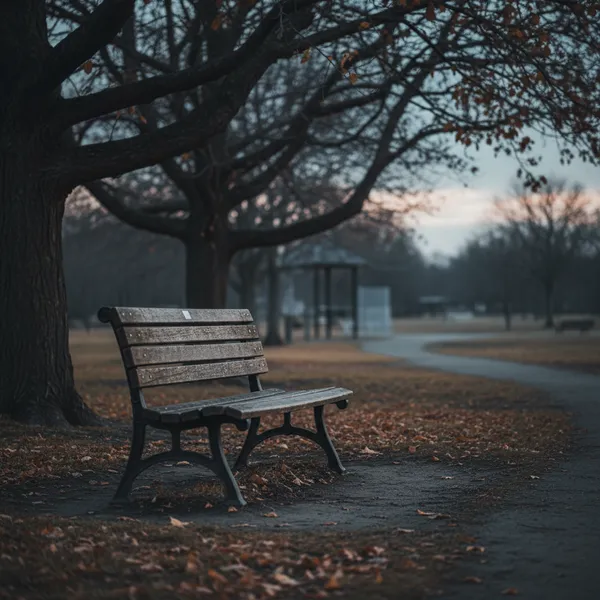 A quiet park bench at dusk